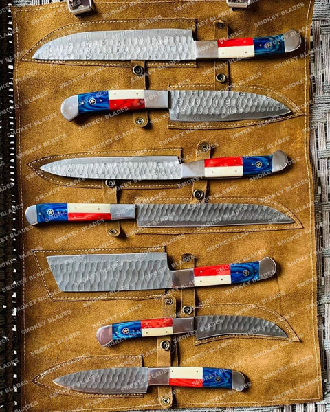 Hand Made Texas Flag Handles BBQ/Chef/Kitchen Knife Set