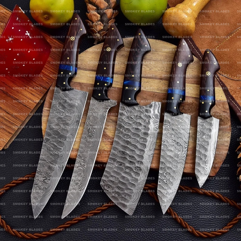 Custom Handmade Carbon Chef Set, Damascus Full Tang Knife Set , Gift for  Him , Gift for Husband, BBQ Knife Set, Camping Gift, USA Knives 